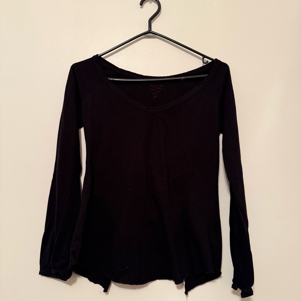 Vintage - Round Neck Open Back Black Women's Long Sleeve Cotton Top